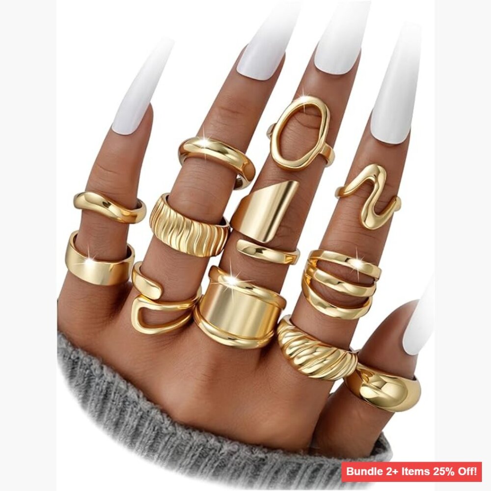 12-Piece Stackable Ring Set, Chunky Gold Plated, Non-Tarnish, Size 6-9
